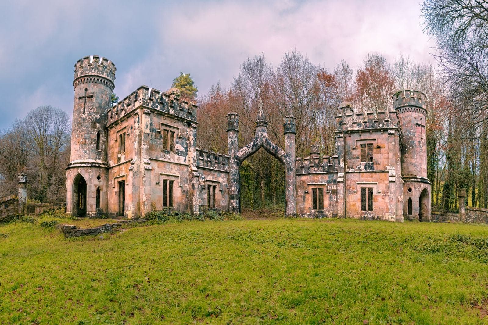 The Gothic gateway of Ballysaggartmore Towers in County Waterford